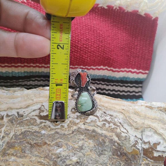 Vtg Native Navajo Old Pawn Sterling Silver Ring Turquoise & Coral Size 7.25 - Picture 3 of 6